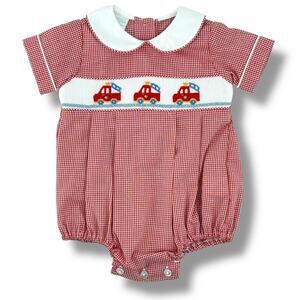 Edgehill Collection Gingham Firetruck Smocked Bubble Romper Baby Boys Sz 3 Mos